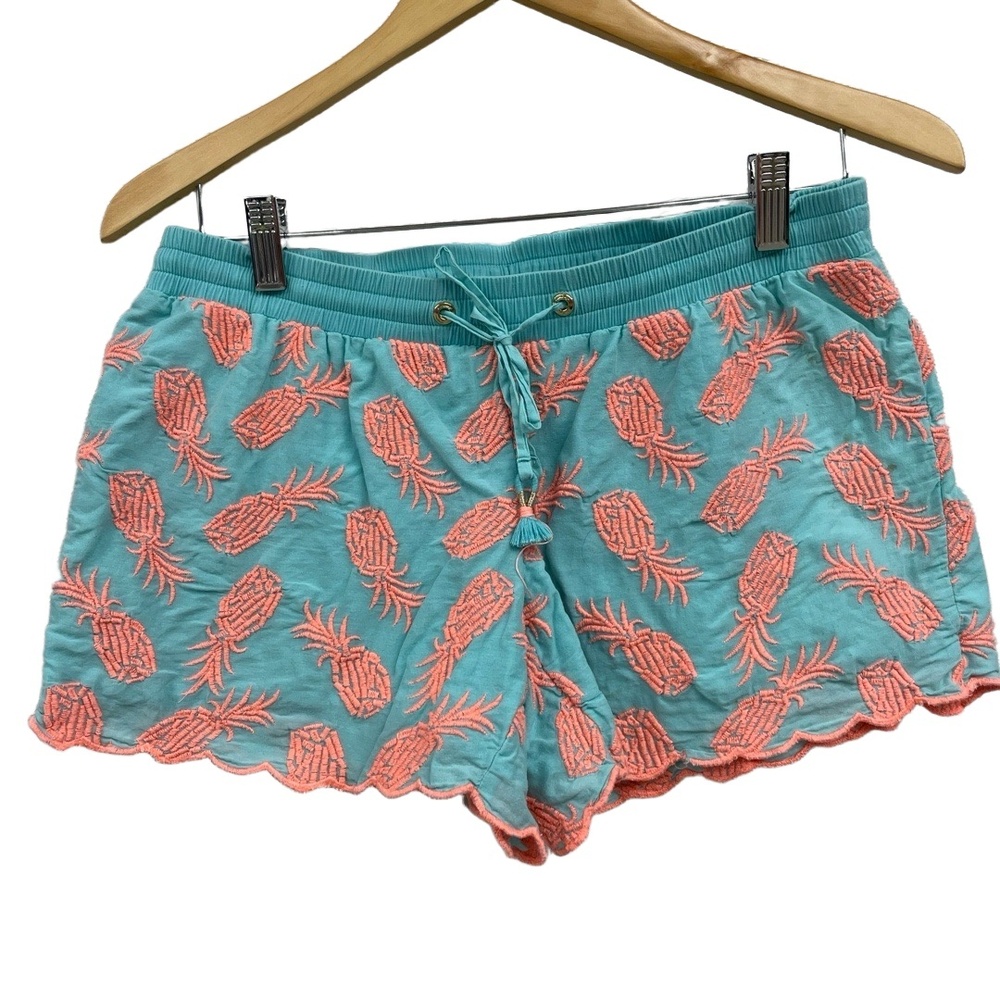 Lilly Pulitzer Blue Pineapple Embroidered Elastic Waist‎ Drawstring Shorts Small